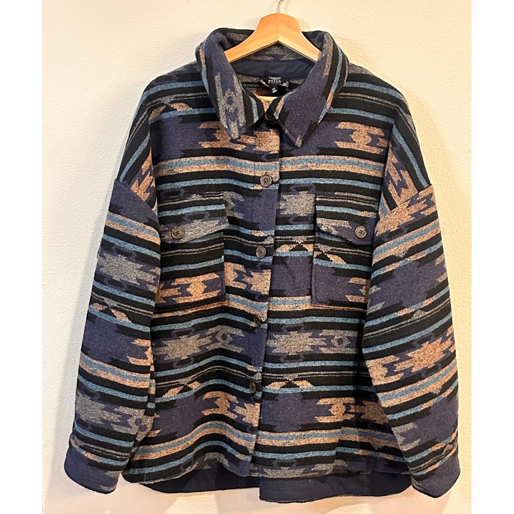 Perch by Blu Pepper Shacket Jacket Women 1XL Blue Aztec Southwestern PB2SJ1028